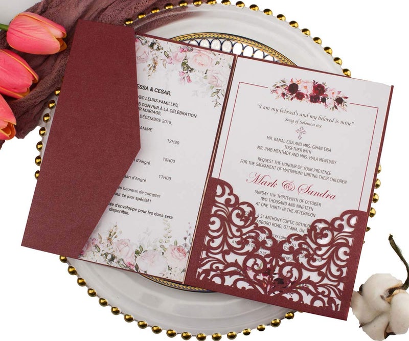 Lucky Star 25 Sets Burgundy 250G Tri Fold Wedding Invitations Cards With Envelopes Inserts Greeting Laser Cut Pocket invites for Wedding Bridal Shower Birthday - Image 1